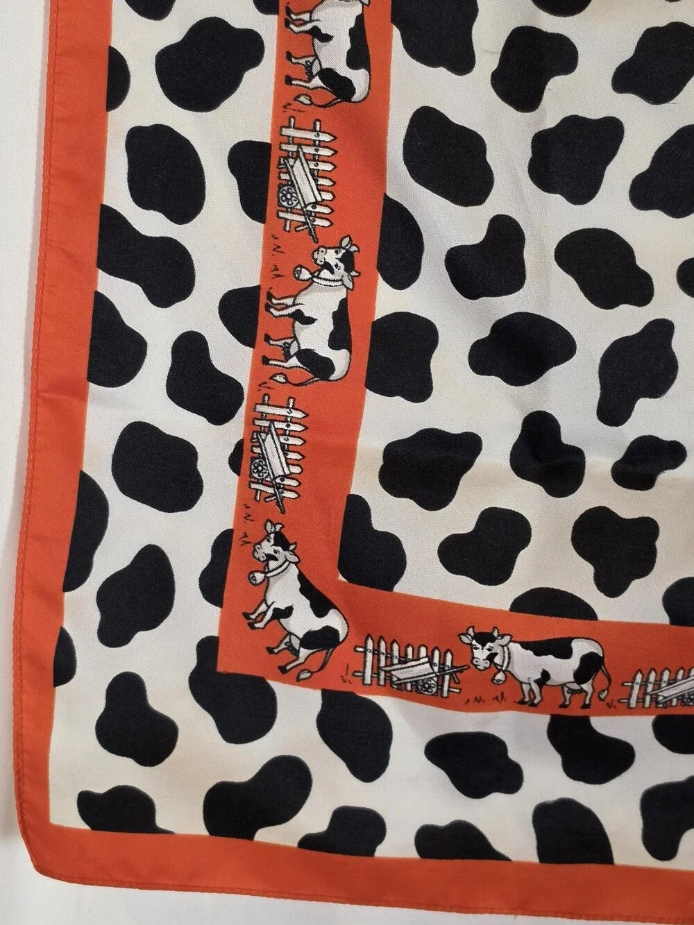 Vintage Made in Italy Cow Print Bandana Scarf Red Border 22x22 Western Wild Rag